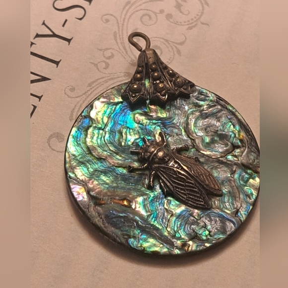Jewelry - COPY - Abalone shell pendant with metal bug